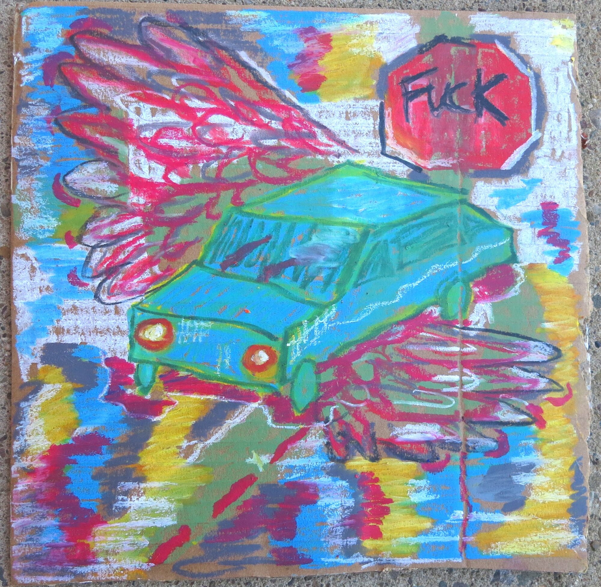 colorful drawing of a car. in the background, there is a stop sign that reads "fuck"
