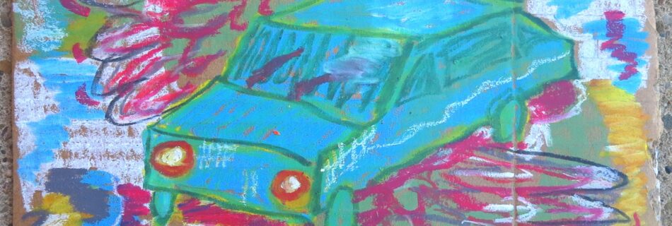 colorful drawing of a car. in the background, there is a stop sign that reads "fuck"